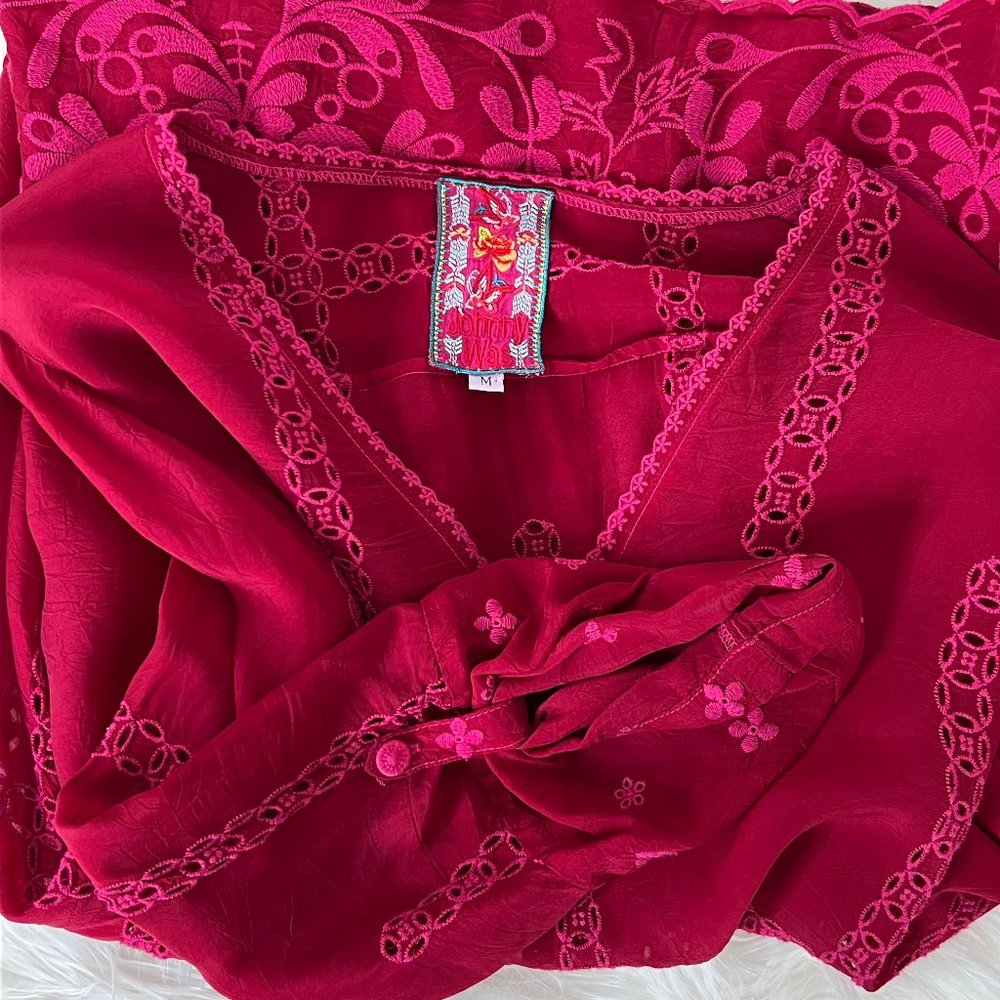 Johnny Was Crimson Blouse fuschia embroidery with Eyelet Trim Long Sleeve Medium - Picture 9 of 16